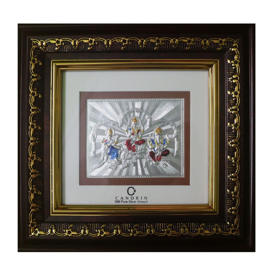CANDRIN SILVER FRAME/ LAXMI GANESH SARASWATI SILVER FRAME / LAXMI GANESH SARASWATI SILVER FRAME / CANDRIN LAXMI GANESH SARASWATI / SILVER FOIL FRAME/ LAXMI GANESH SARASWATI / CANDRIN /SILVER FRAME / LAXMI GANESH SARASWATI SILVER FRAME