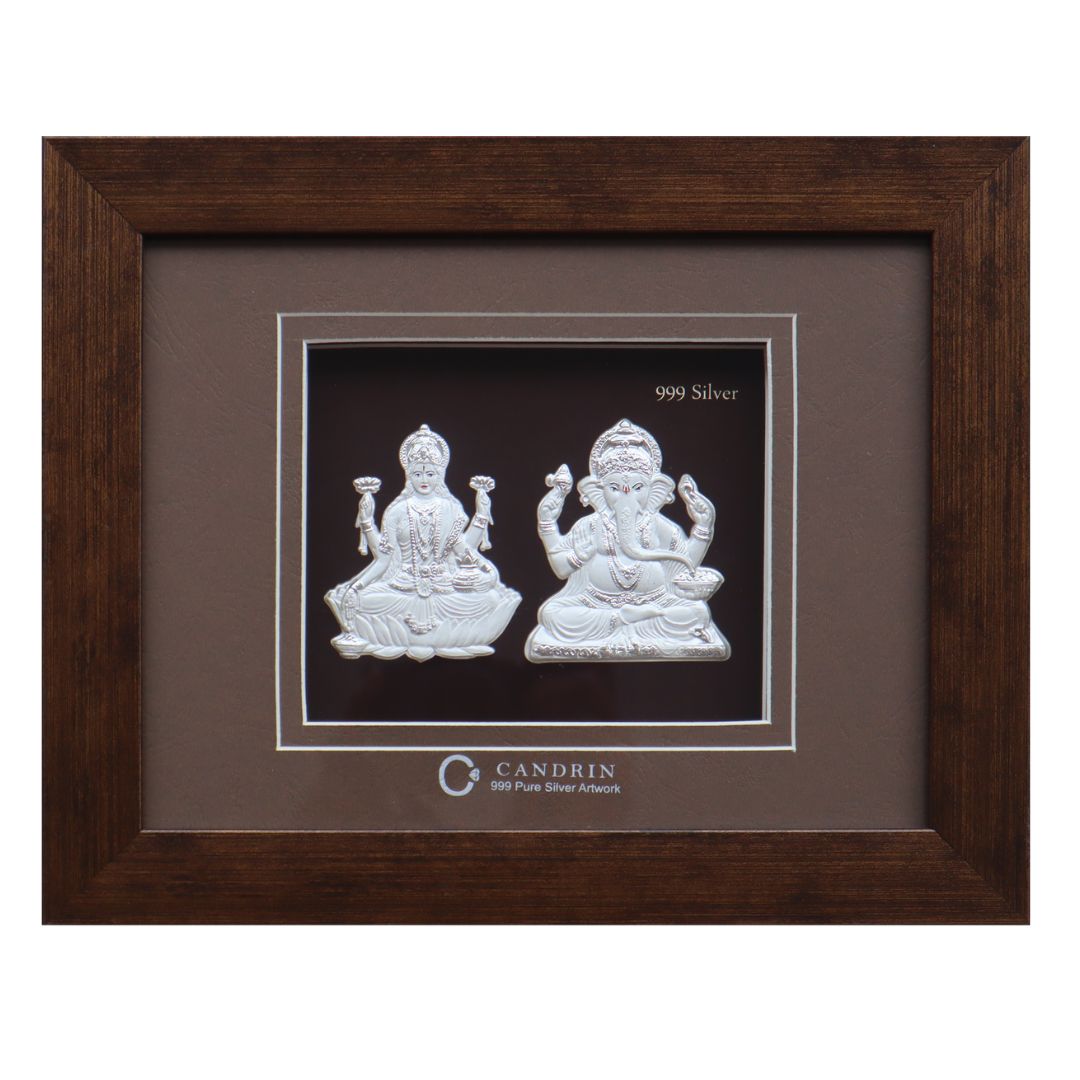 CANDRIN 999 SILVER FRAME LAXMI GANESH JI LED FRAME / SILVER FOIL FRAME / SILVER GOD FRAME / LAXMI JI SILVER FRAME/ GANESH JI SILVER LED FRAME / LAXMI GANESH JI FRAME FRAME