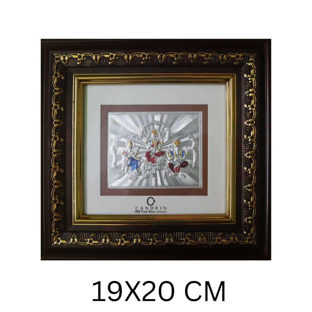 CANDRIN SILVER FRAME/ LAXMI GANESH SARASWATI SILVER FRAME / LAXMI GANESH SARASWATI SILVER FRAME / CANDRIN LAXMI GANESH SARASWATI / SILVER FOIL FRAME/ LAXMI GANESH SARASWATI / CANDRIN /SILVER FRAME / LAXMI GANESH SARASWATI SILVER FRAME