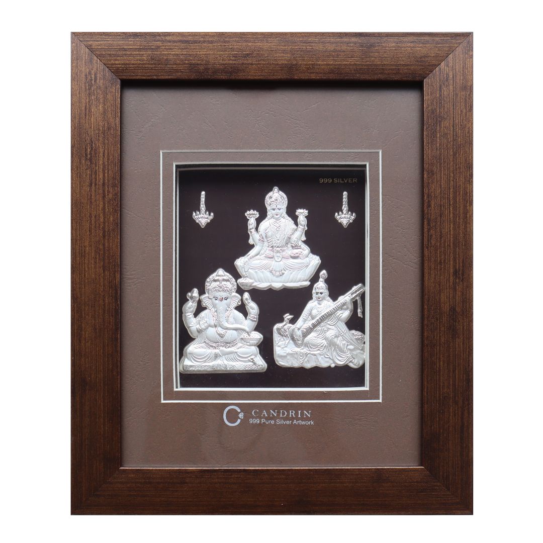 CANDRIN 999 SILVER FRAM LAXMI GANESH SARASWATI JI LED FRAME / SILVER FOIL FRAME / SILVER GOD FRAME / LAXMI JI SILVER FRAME / SILVER LED FRAME / GANESH JI FRAME / SARASWATI JI SILVER FOIL FRAME