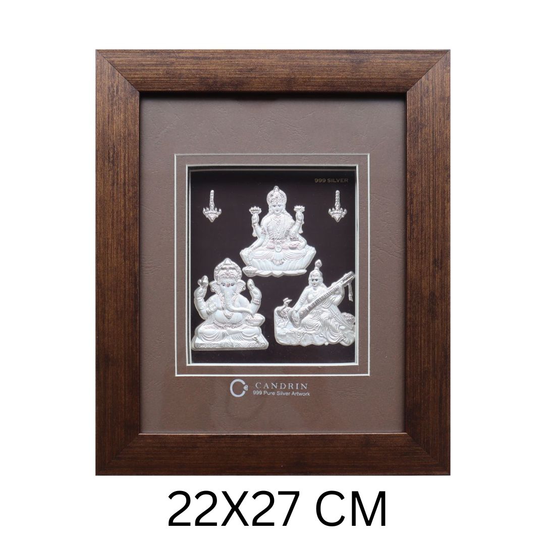 CANDRIN 999 SILVER FRAM LAXMI GANESH SARASWATI JI LED FRAME / SILVER FOIL FRAME / SILVER GOD FRAME / LAXMI JI SILVER FRAME / SILVER LED FRAME / GANESH JI FRAME / SARASWATI JI SILVER FOIL FRAME