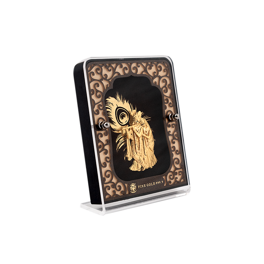 24KT Gold Foil Radha Krishna With Peacock TableTop