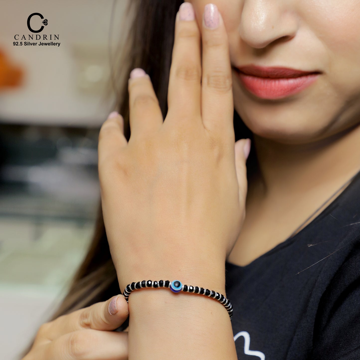 sterling silver or sterling silver/ evil eyes bracelet/ black beads bracelet/ silver bracelet