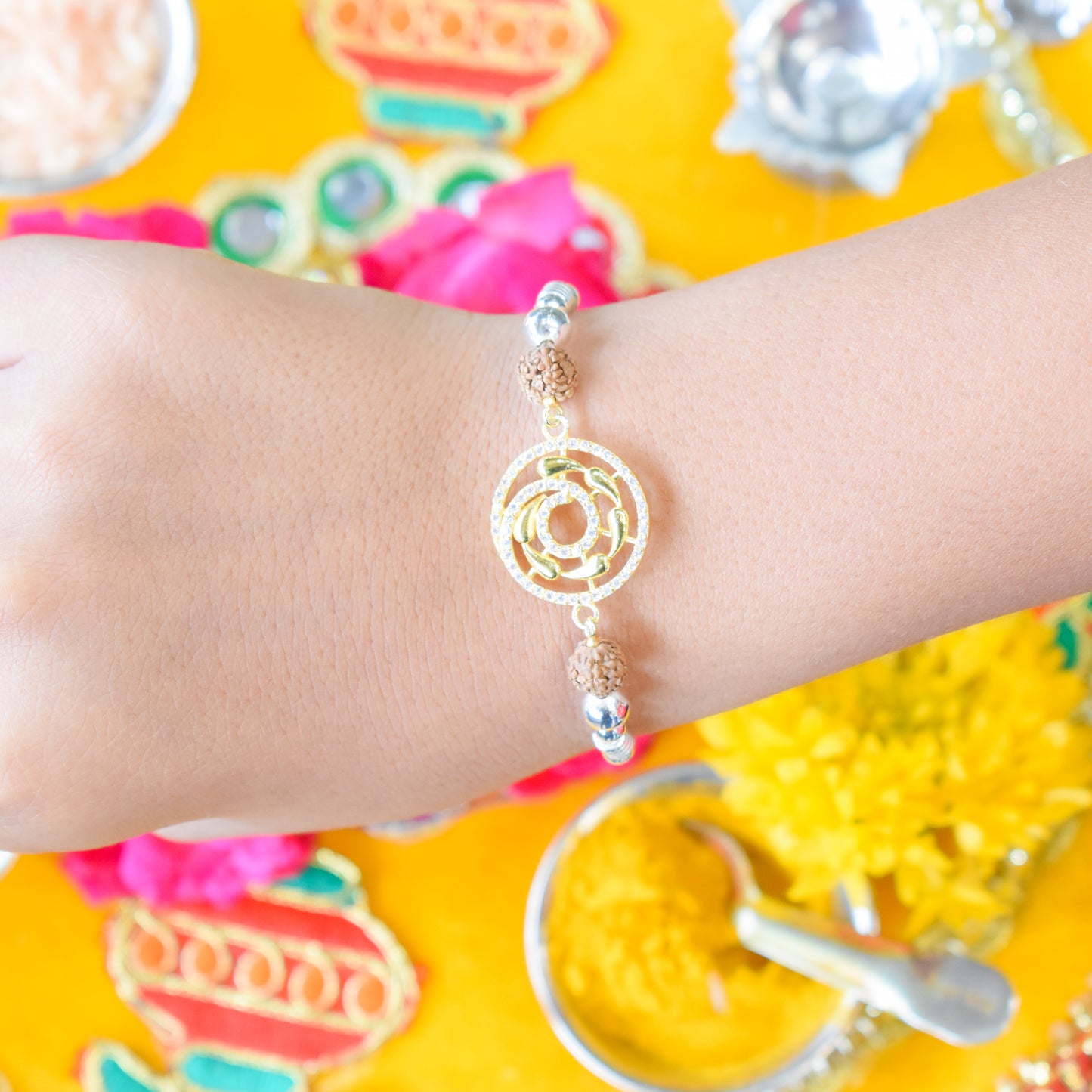 Candrin Zircon Round With Rudraksha 925 Sterling Silver Rakhi