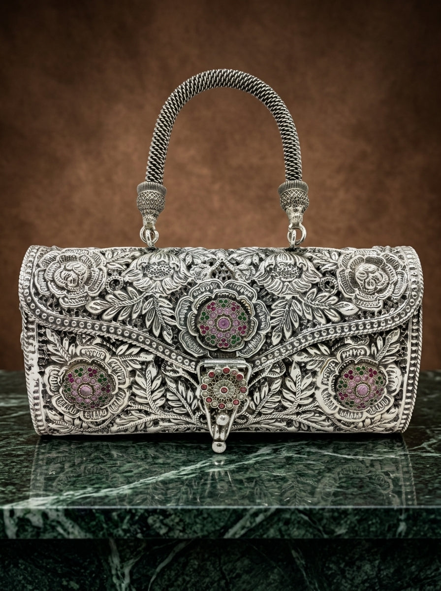 Gulmohar Silver Handbag - Front Studio View (Grounded on Marble)