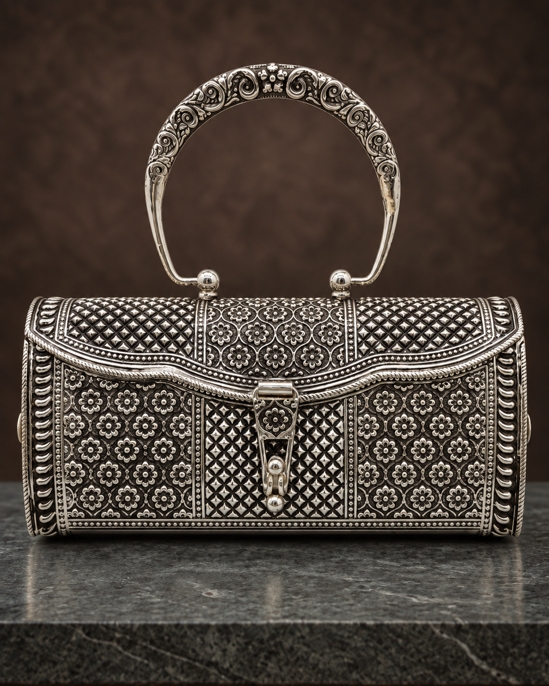 Vinyas Silver Handbag - Front Studio View