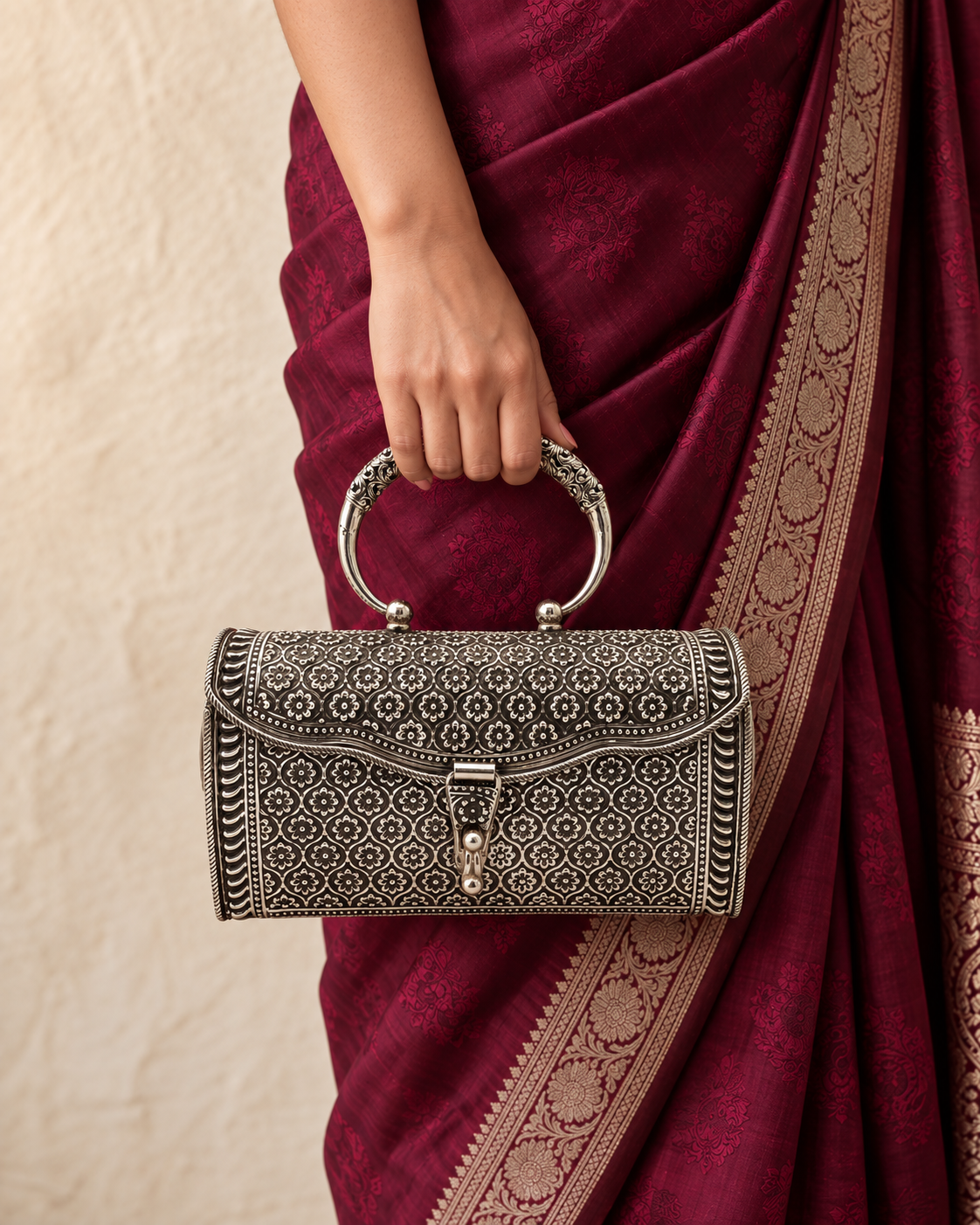 Anant Silver Handbag - Hand Holding with Saree