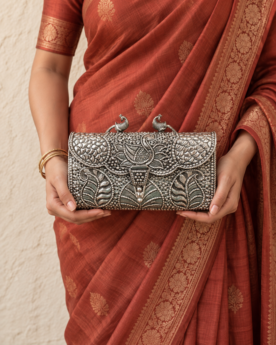Anhad Silver Handbag - Hand Holding with Saree