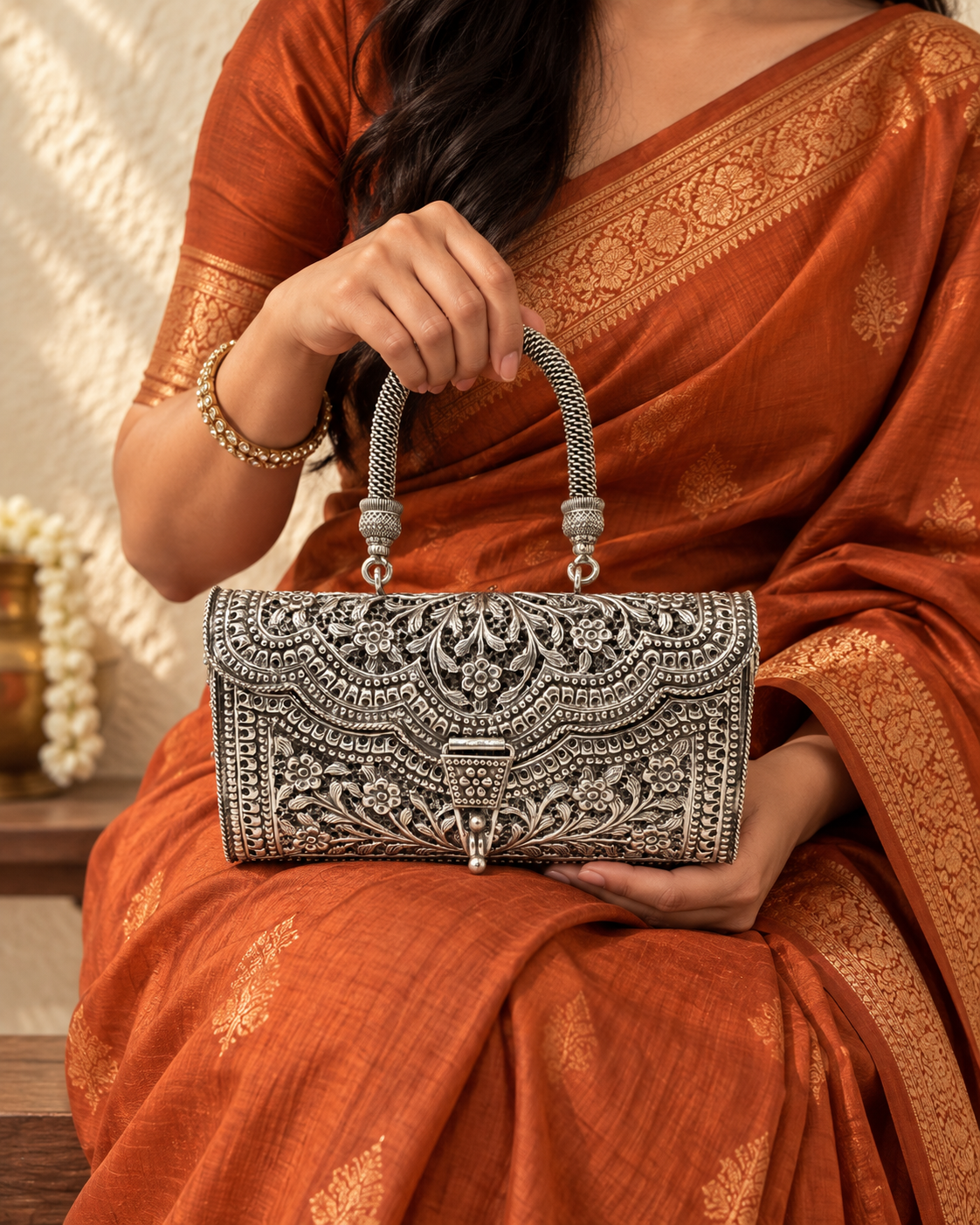 Vatayan Silver Handbag - Hand Holding with Saree