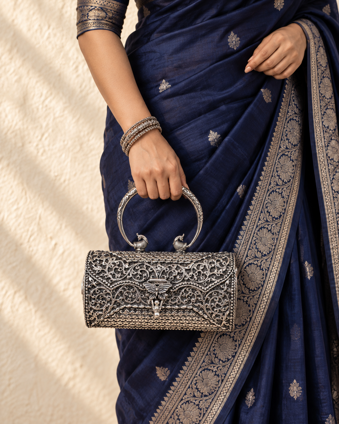 Vilas Silver Handbag - Hand Holding with Saree