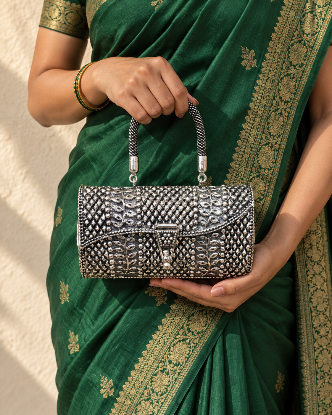 Bel Silver Handbag - Hand Holding with Saree