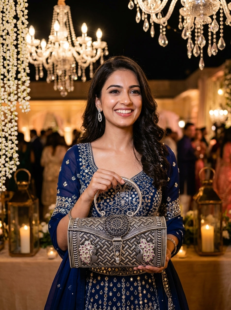 Nazar Silver Handbag - Luxury Wedding Celebration (Navy Lehenga)
