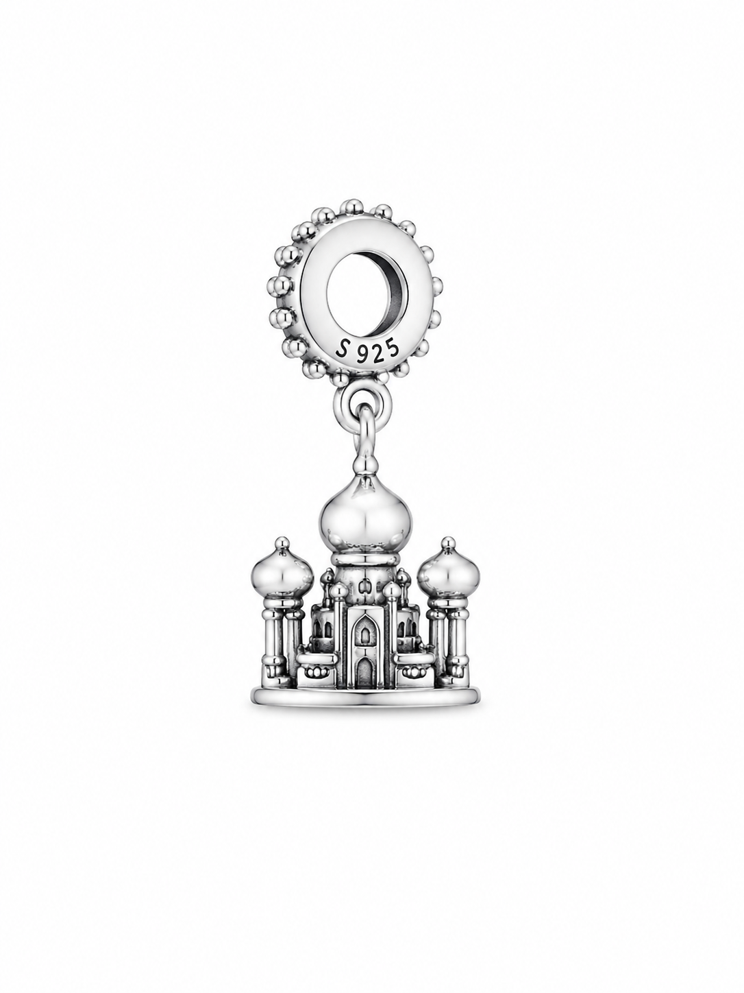 A sterling silver dangle charm featuring a miniature Taj Mahal temple design hanging from a circular ring with 'S925' stamped inside, shown on a plain white background.