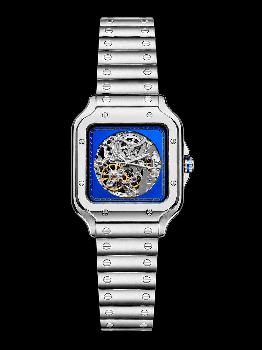 Luxury Silver Skeleton Wrist Watch with Blue Dial