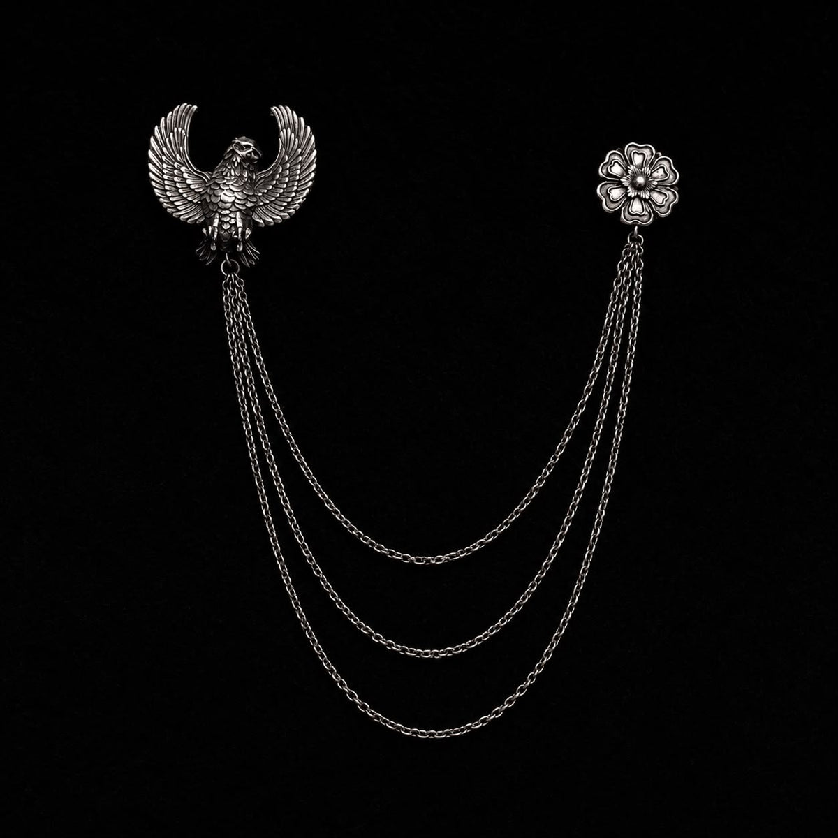 Royal Eagle & Floral Triple Chain Silver Finish Brooch Lapel