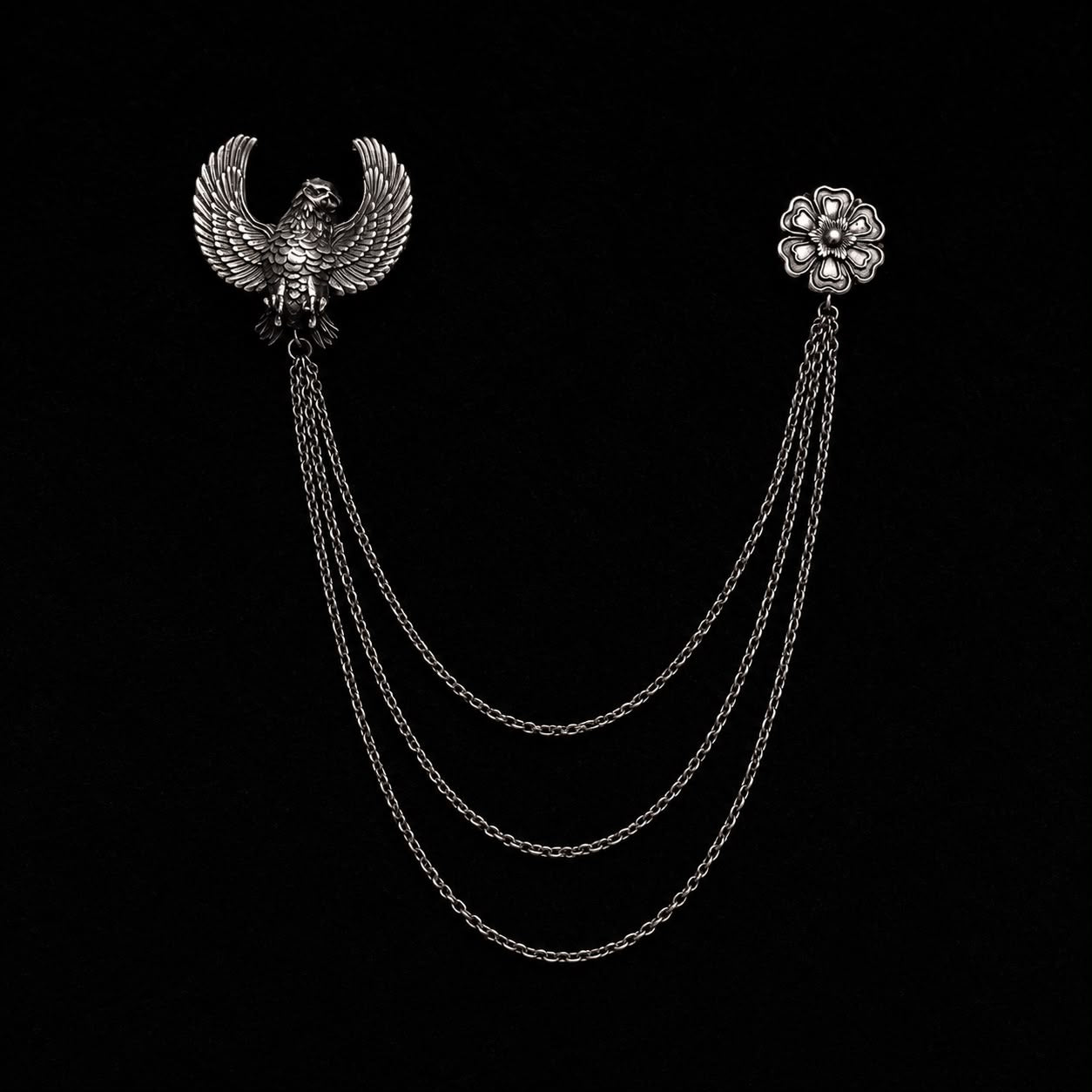 Royal Eagle & Floral Triple Chain Silver Finish Brooch Lapel