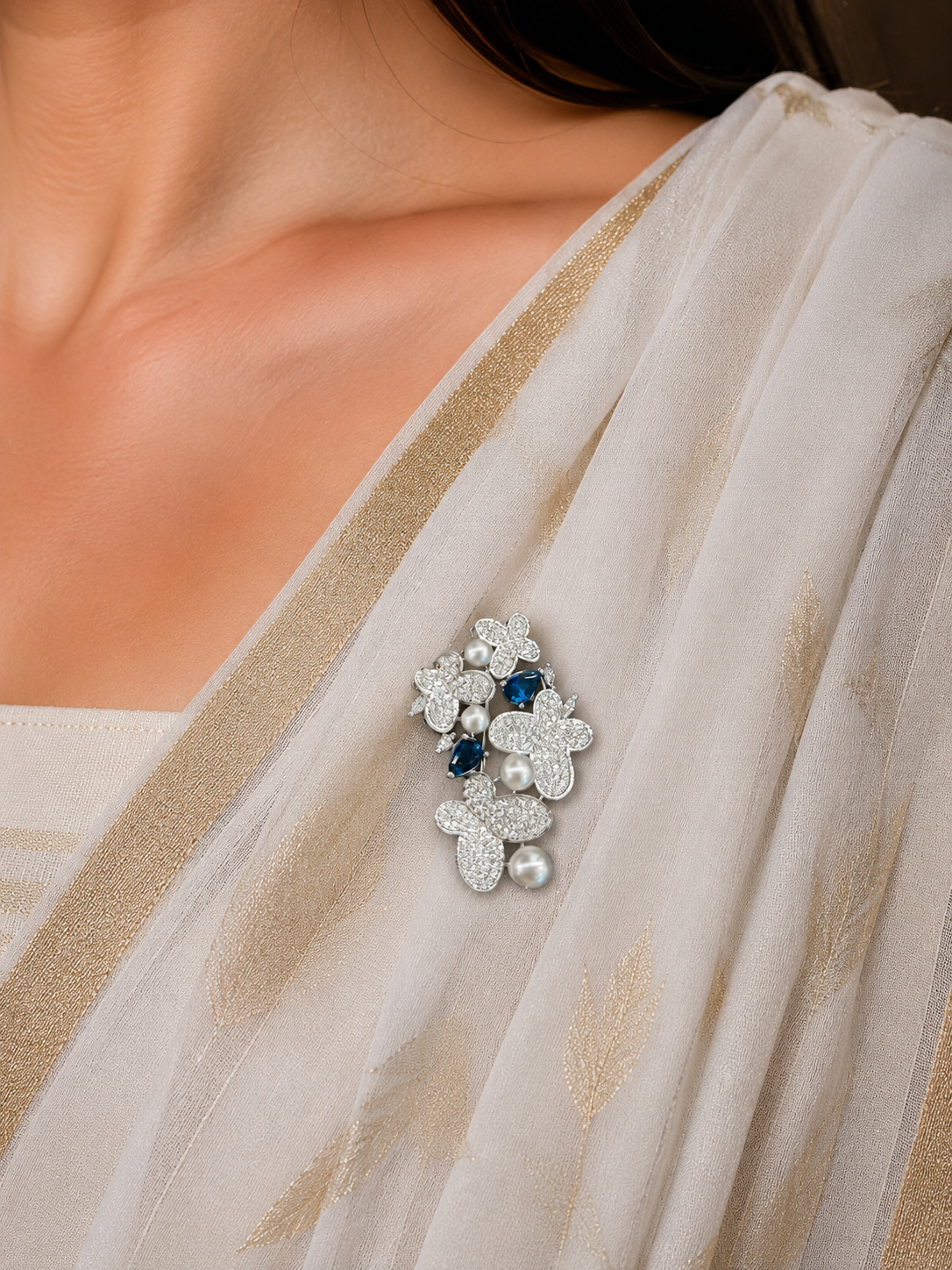 Crystal Floral Pearl Brooch