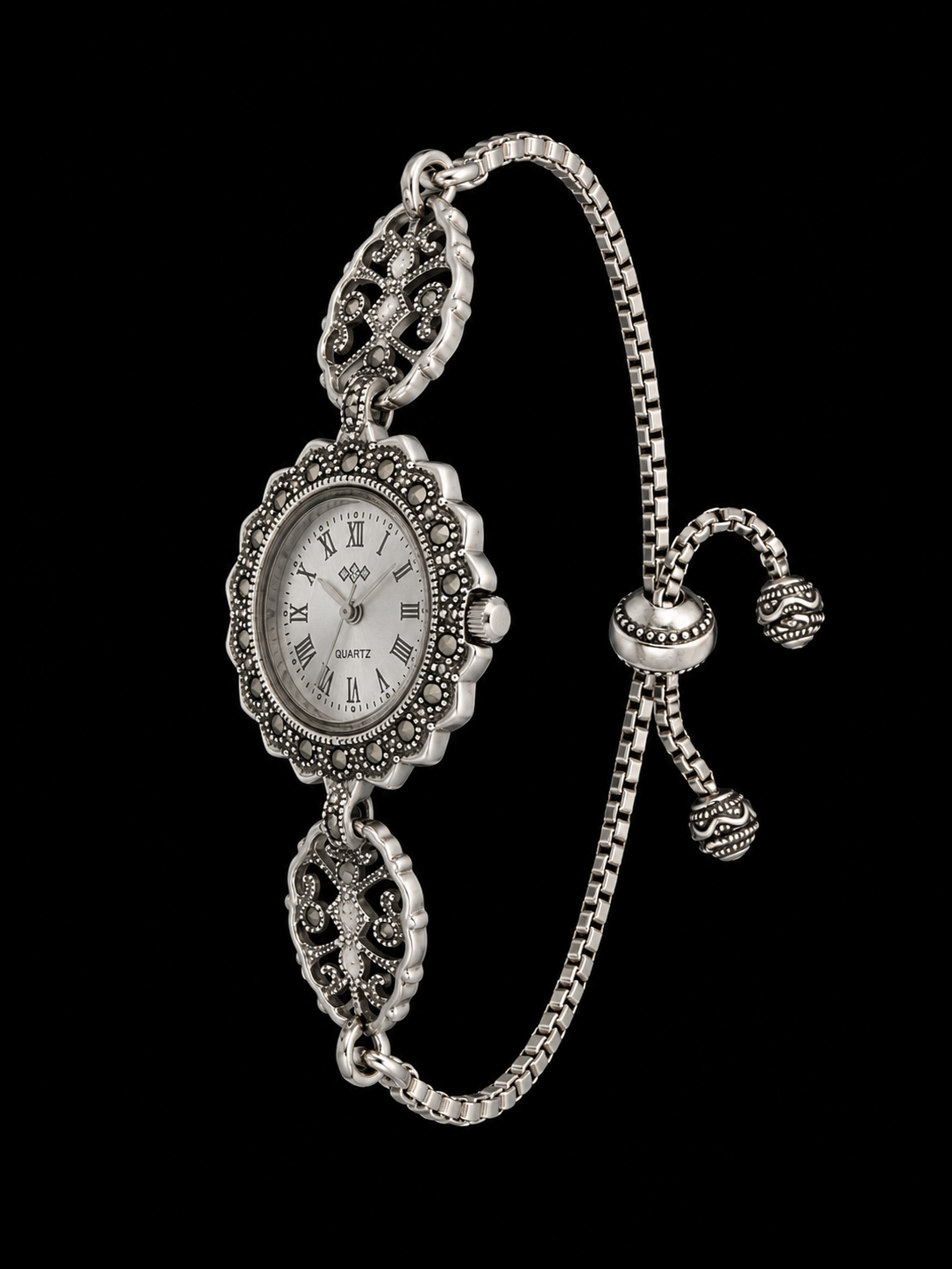 Vintage Silver Floral Bracelet Watch for Women