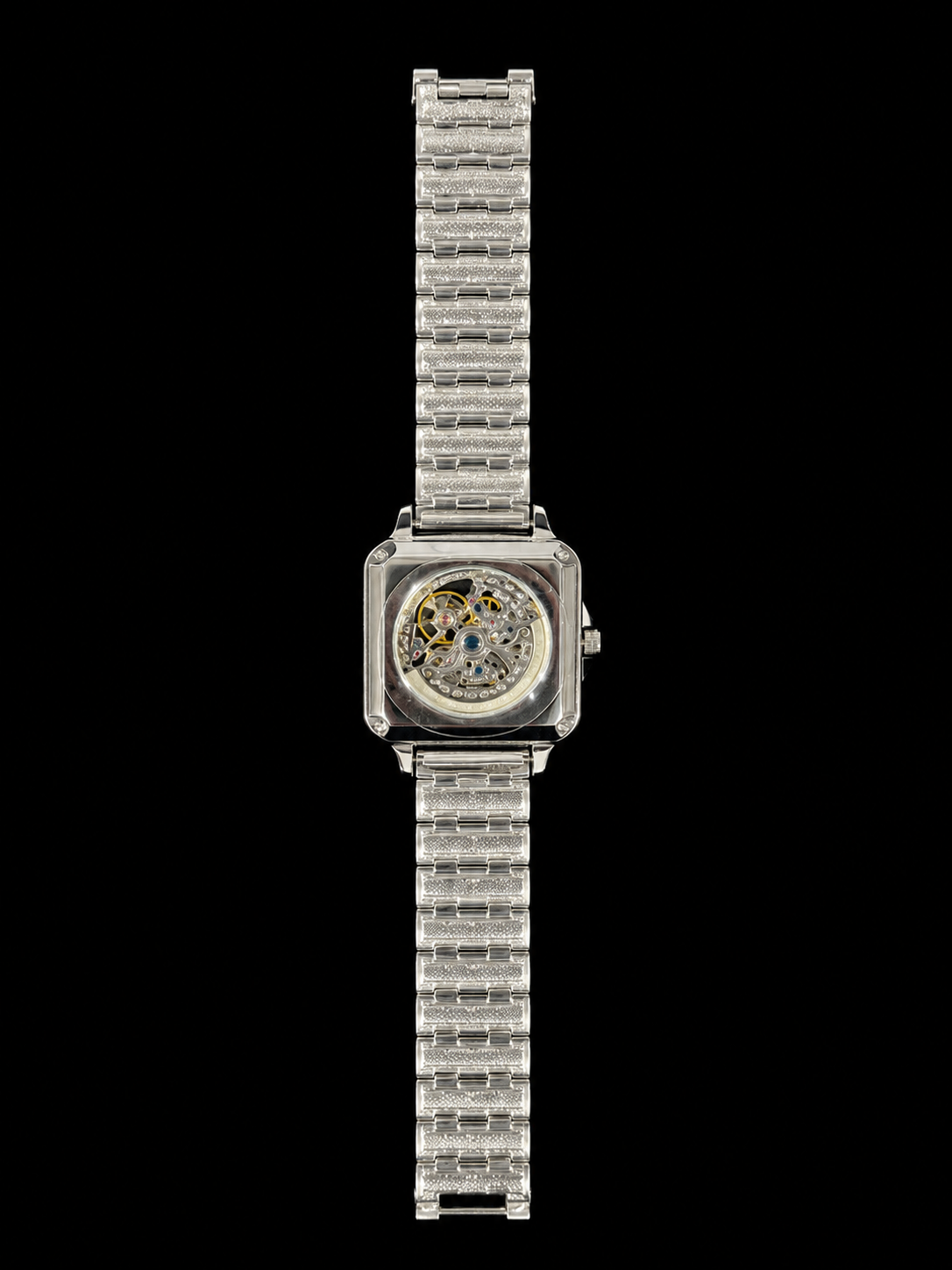 Luxury Silver Skeleton Wrist Watch with Rose Gold Dial