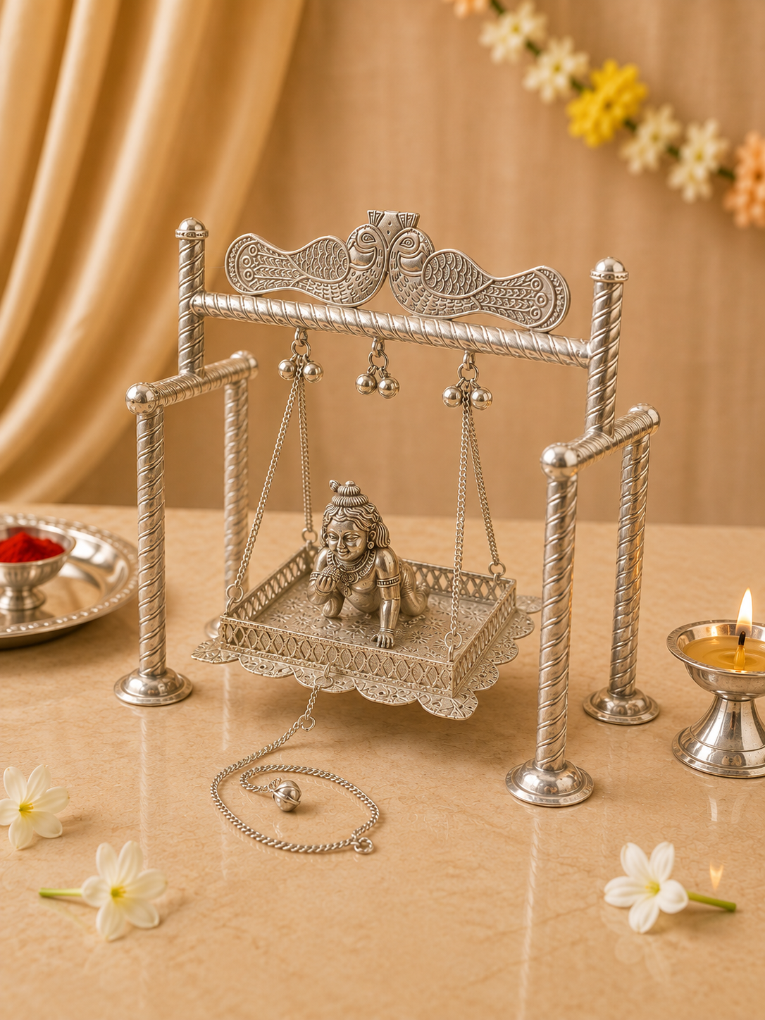An ornate silver-toned metal swing ritual ornament displayed on a beige table, featuring a small seated figure on a decorative swing frame with hanging bells and a draped fabric backdrop. White flowers and lit candles are placed around it.