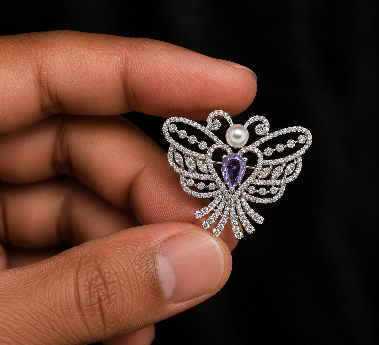 Silver Butterfly Brooch with Pearl & Lavender Crystal Accent