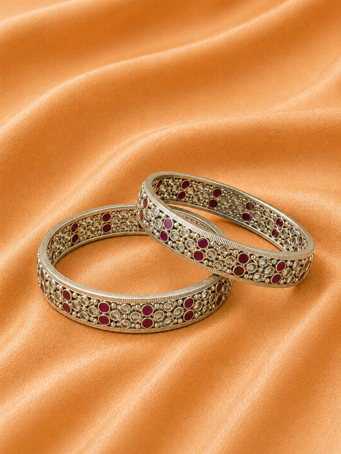 Silver Ruby Stone Statement Bangles