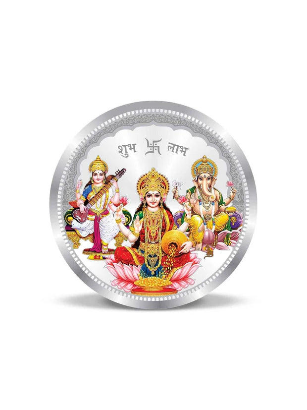 BIS Hallmarked Laxmi Ganesha and Saraswati Colour 999 Pure Silver Coin