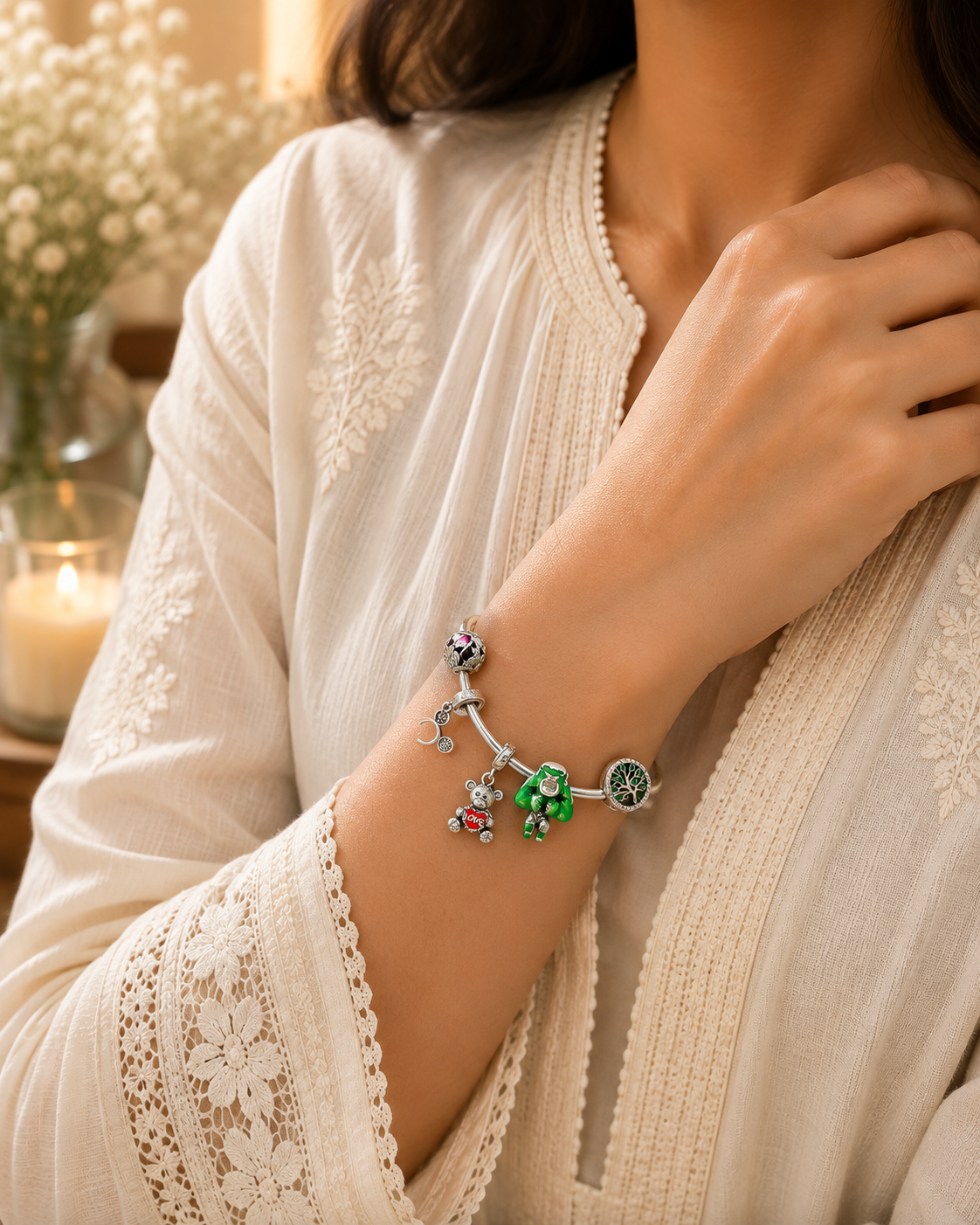 Pandora Style 925 Sterling Silver Charm Bracelet