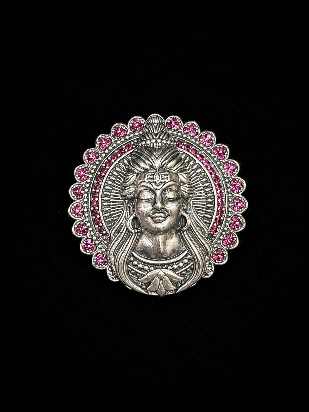 Silver Lord Shiva Brooch with Pink Stone Border