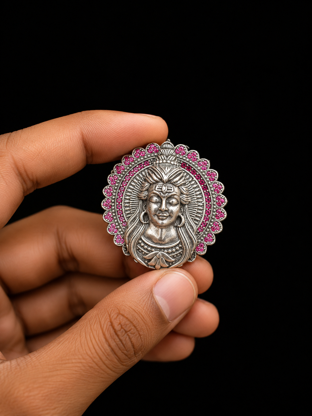 Silver Lord Shiva Brooch with Pink Stone Border