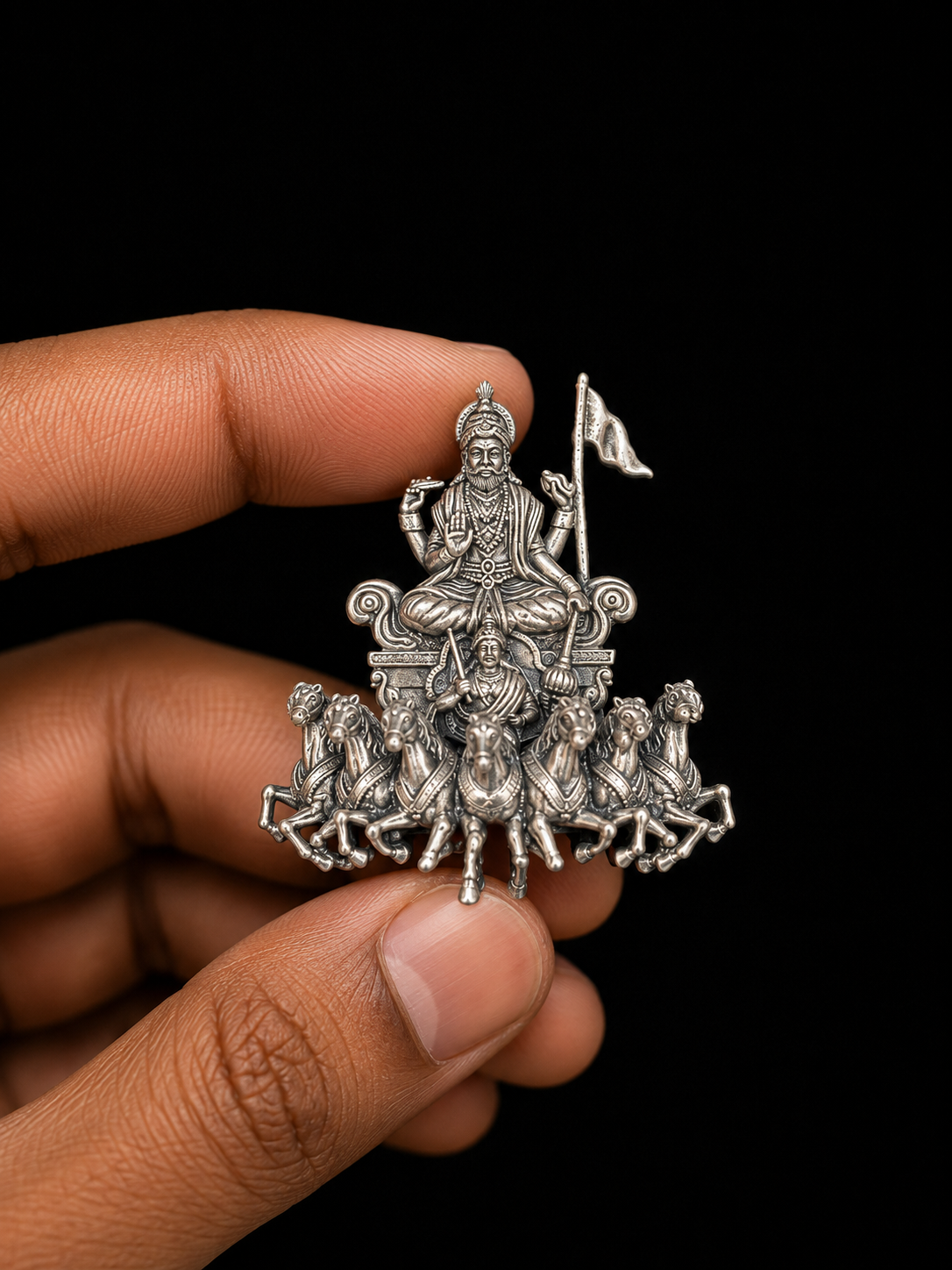 Silver Surya Dev Brooch Description