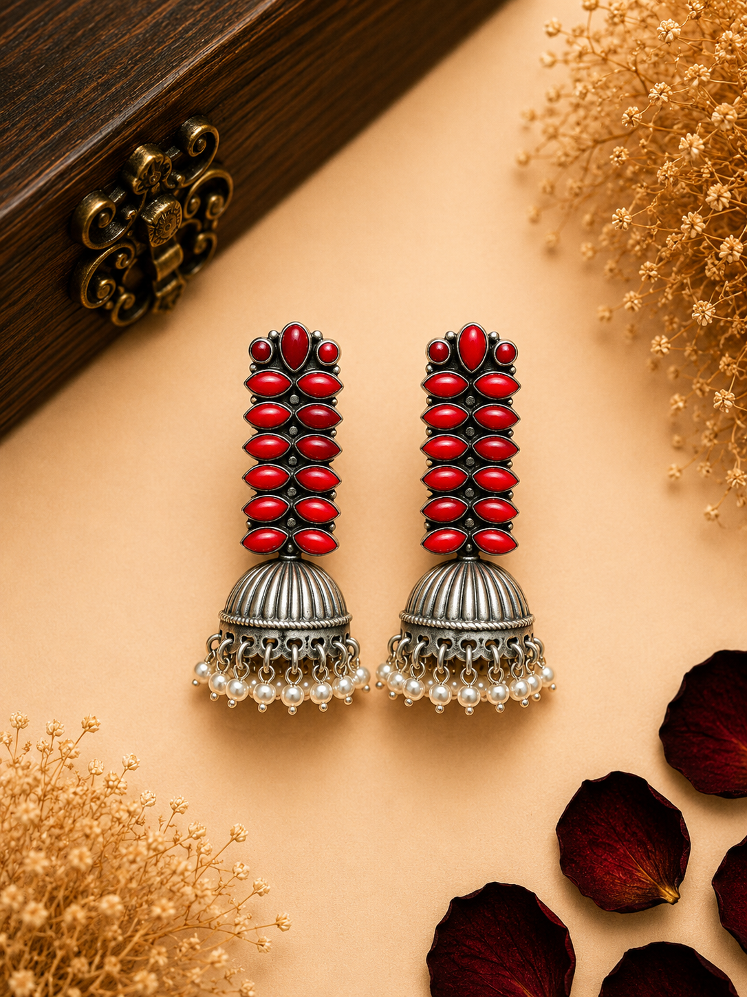 Silver Red Stone Pearl Jhumka