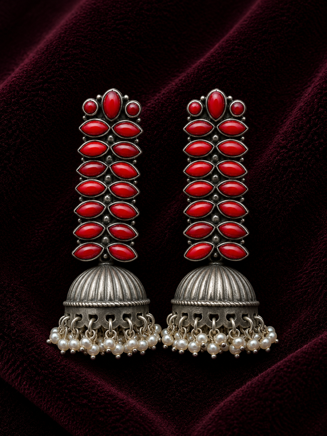 Silver Red Stone Pearl Jhumka