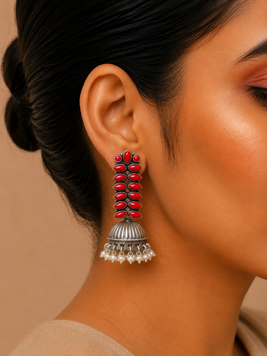 Silver Red Stone Pearl Jhumka