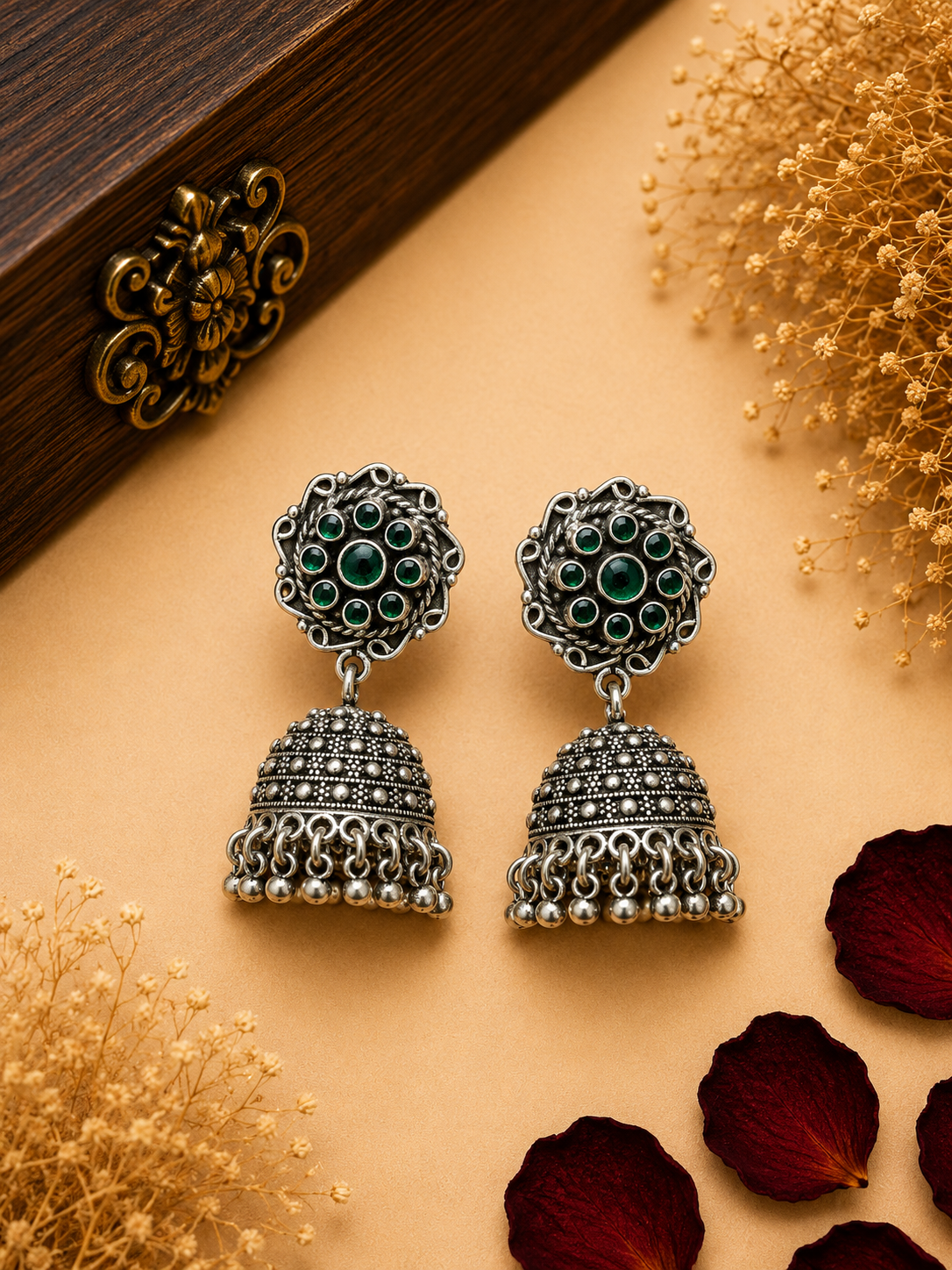 Silver Green Stone Filigree Jhumka