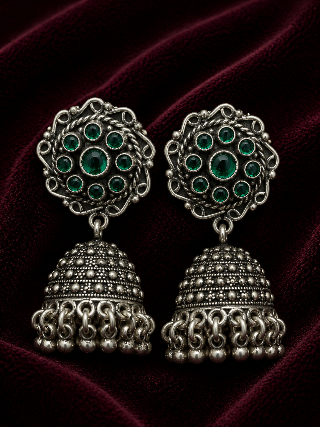 Silver Green Stone Filigree Jhumka