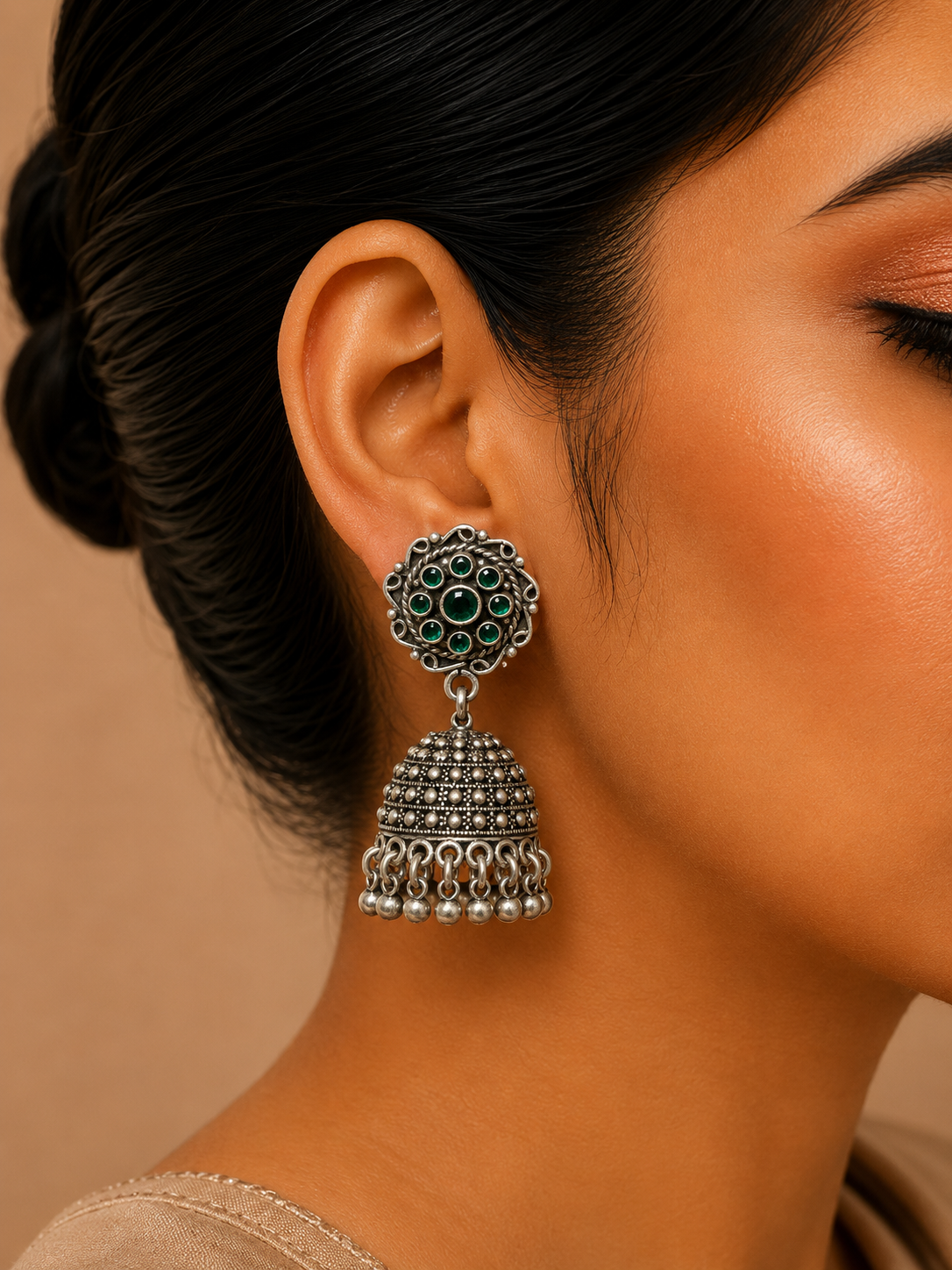 Silver Green Stone Filigree Jhumka