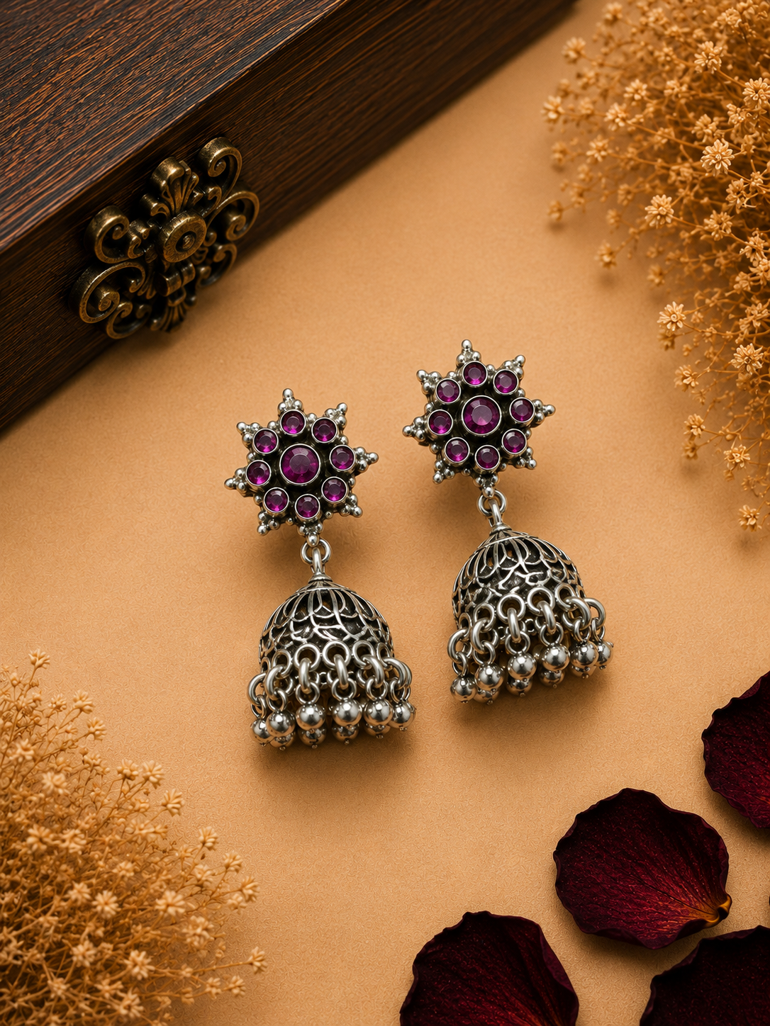 Silver Purple Stone Filigree Jhumka