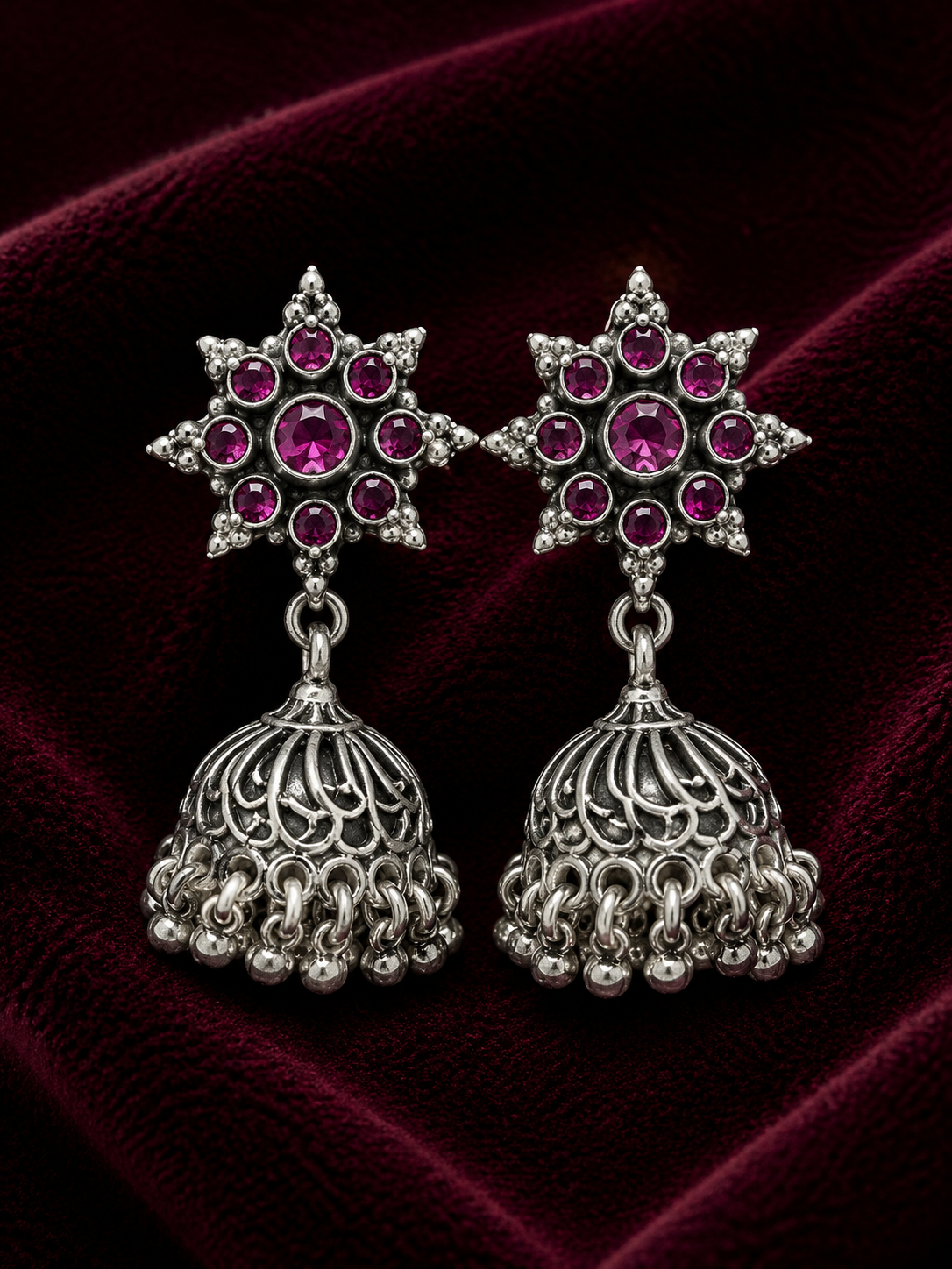 Silver Purple Stone Filigree Jhumka
