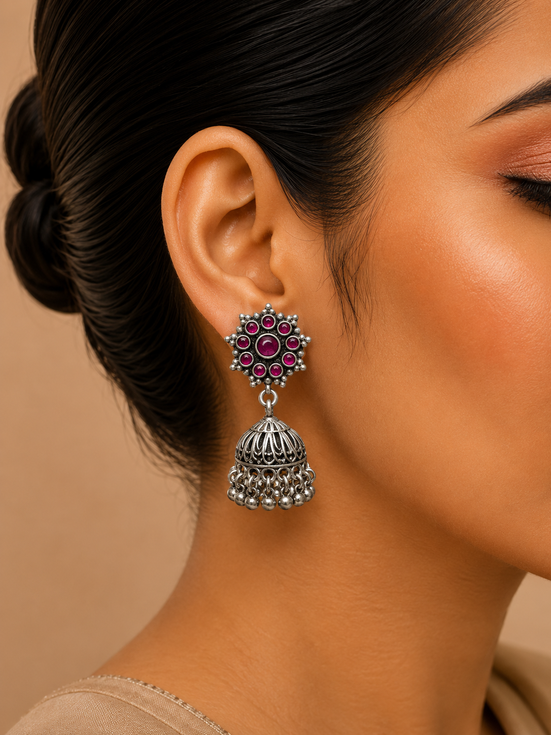 Silver Purple Stone Filigree Jhumka