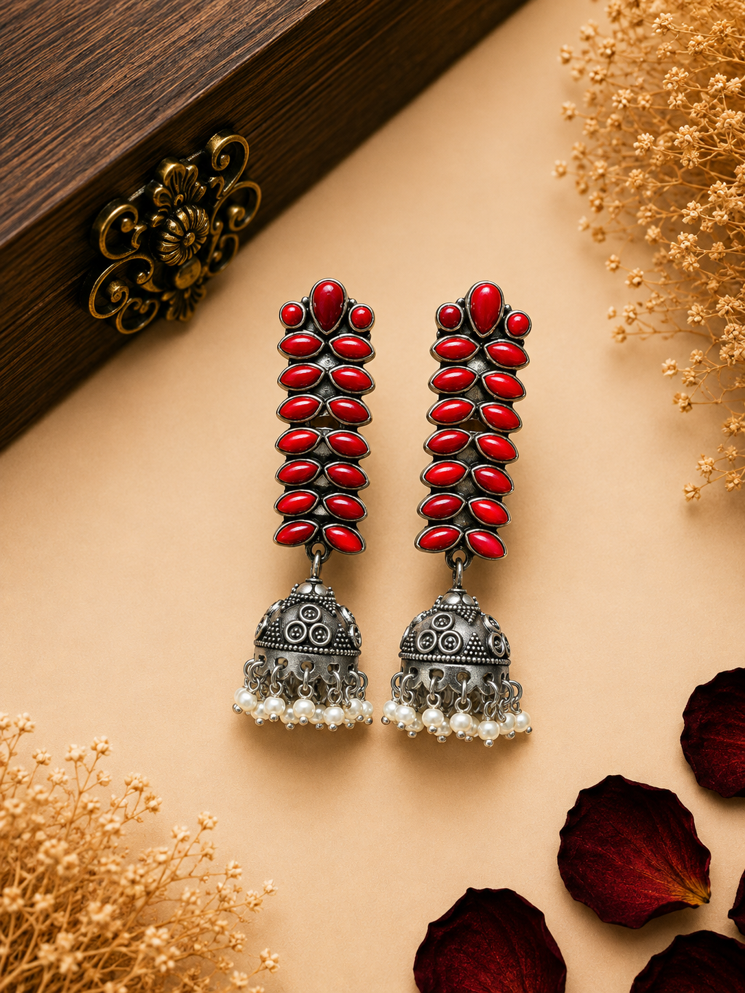 Silver Red Stone Pearl Jhumka