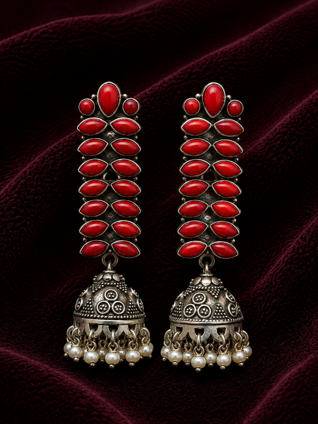 Silver Red Stone Pearl Jhumka