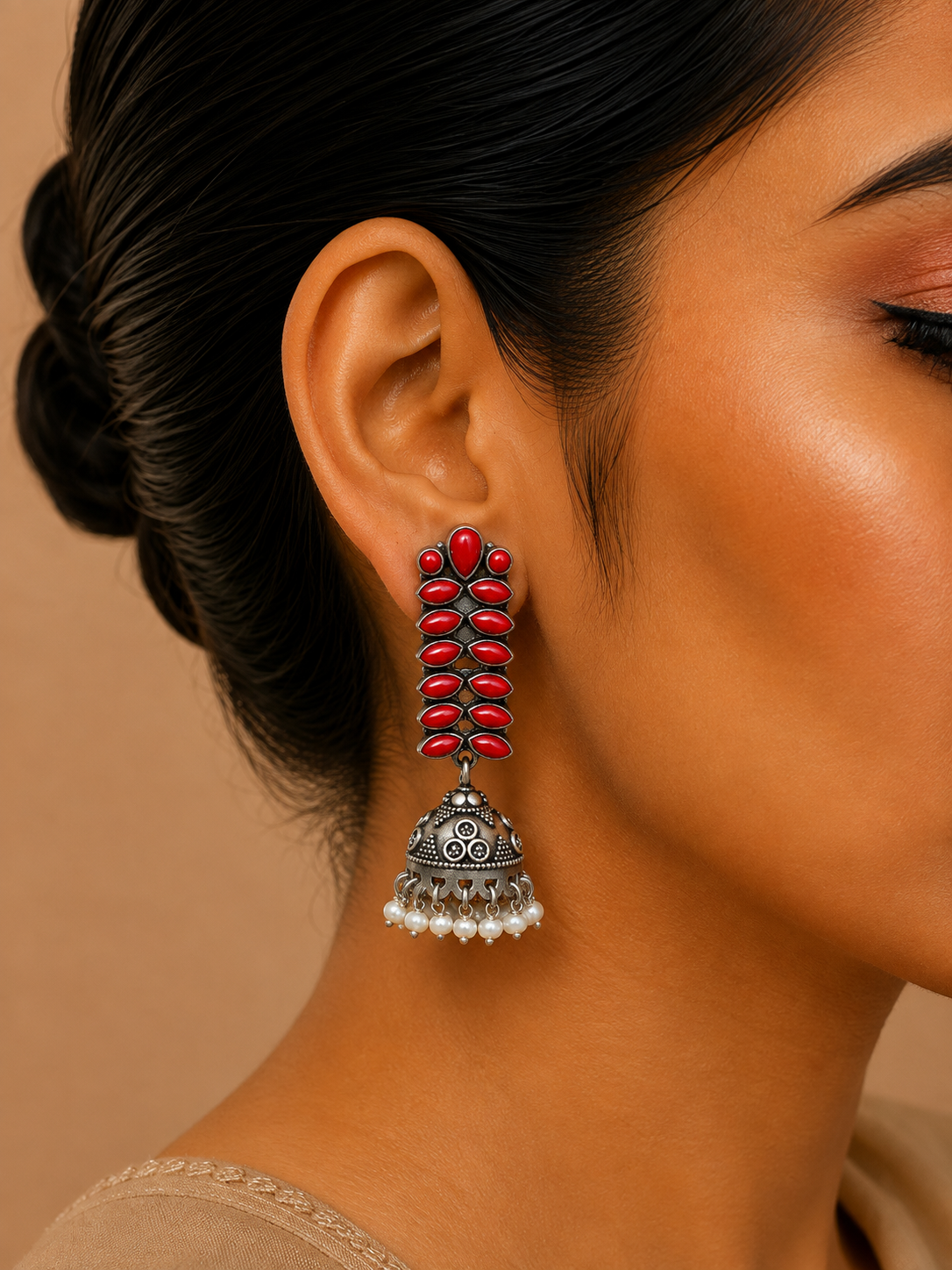 Silver Red Stone Pearl Jhumka