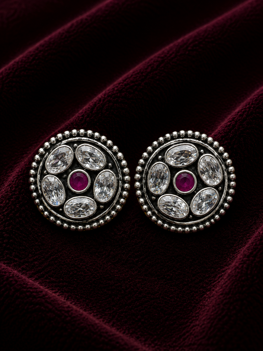 Silver Pink & White Stone Stud Earrings