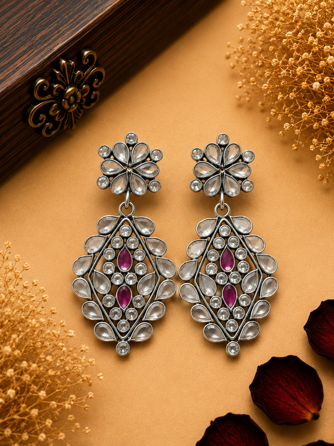 Silver Pink Stone Floral Drop Earrings