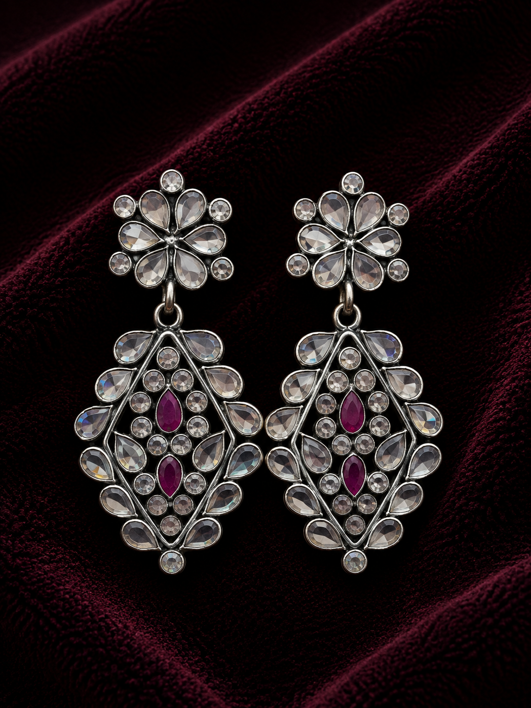 Silver Pink Stone Floral Drop Earrings