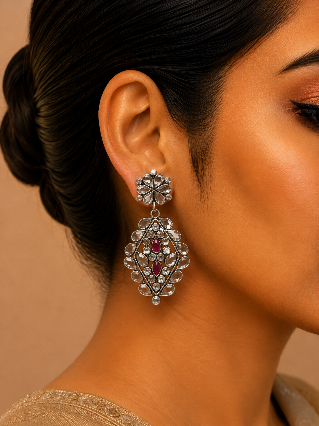 Silver Pink Stone Floral Drop Earrings