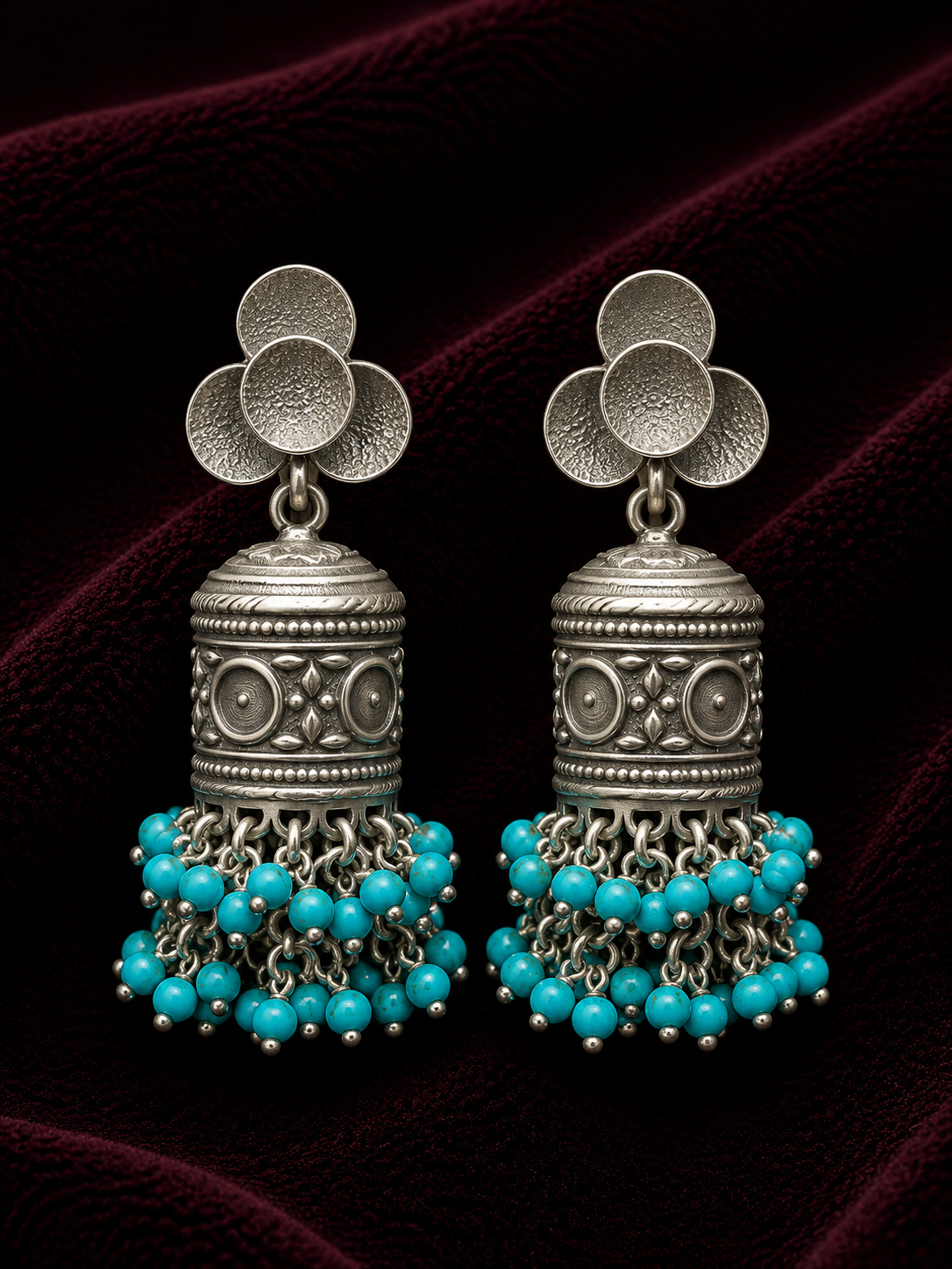 Turquoise Beaded Silver Jhumka Earrings