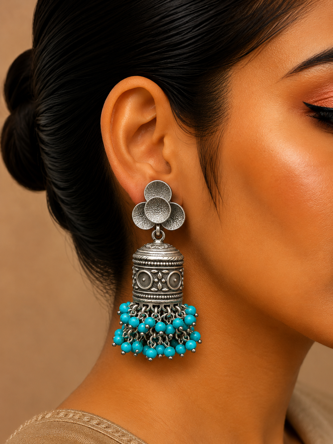 Turquoise Beaded Silver Jhumka Earrings