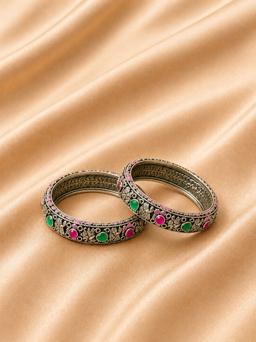 Silver Floral Multicolor Stone Bangles